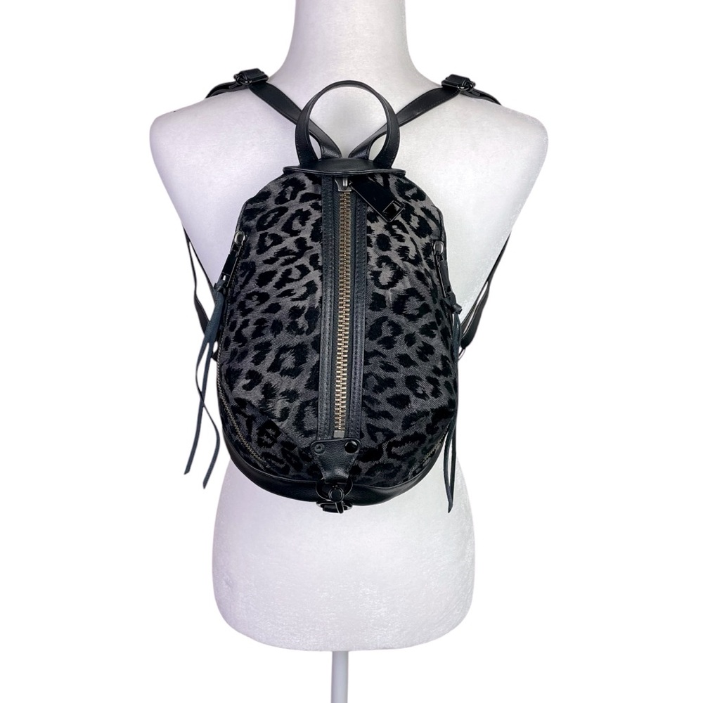 Rebecca Minkoff Julian Mini Flock Fabric Leopard Backpack Bag Leather Trim Black